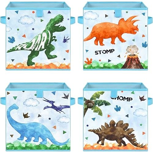 WERNNSAI Cube Storage Bins - 4 Pack Fabric Foldable Storage Cube Organizer for Kids Decorative Storage Baskets with Handles 11" x 11" Home Closet Nursery Room Bedroom (Dinosaur)