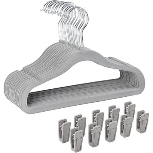 Finnhomy Non-Slip Clothes Hangers for Baby and Kids 30-Pack Velvet Hangers with 10 Finger Clips, Gray