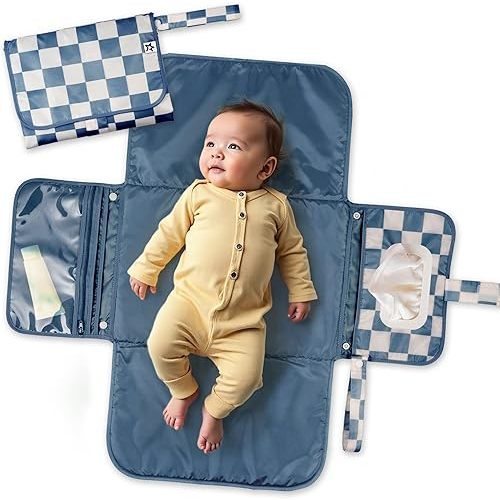 Tiny Twinkle Portable Diaper Changing Pad-Foldable Waterproof Changing Mat&Portable Changing Pad for Travel,Baby Changing Station with Smart Wipes Pocket&Storage (Blue Checkers)