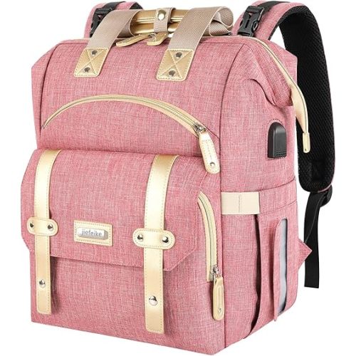Jiefeike Diaper Bag Backpack, Pink Baby Girls Diaper Bag for Mom, Travel Baby Bags Backpack for Women, Insulated Pockets Portable toddler diaper bag with USB Charging Port, RFID Anti-Theft Pocket