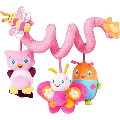 Jollybaby Baby Car Seat Stroller Toys, Plush Activity Hanging Spiral Activity Pram Crib with Music Box, Rattles, Squeaker for Babies Infant Boys Girls(Pink)