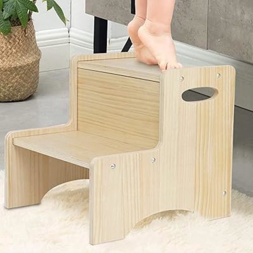 WOOD CITY Toddler Step Stool for Kids, Wooden Two Step Children's Stool with Handles, Bonus Non-Slip Pads for Safety, Bathroom Potty Stool & Kitchen Step Stools Dual Height