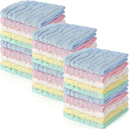 Chumia 30 Pcs Baby Muslin Washcloths Muslin Burp Cloths Baby Towel Natural Cotton Burp Cloths Wipes Soft Newborn Face Towel Absorbent for Face Bath Shower, 12 x 12''(Blue, White, Green, Yellow, Pink)