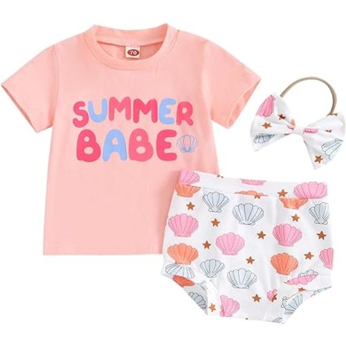 Lesimsam Toddler Baby Girl Summer Outfit Letter Print Short Sleeve T-Shirt Shell Print Shorts Headband 3Pcs Clothes Set