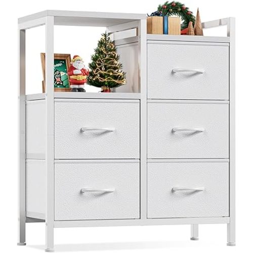 Furnulem 5 Drawer White Dressers for Bedroom 2 Tier Shelf Storage Small Fabric Dresser for Closet Sturdy Metal Frame Modern Style Storage Cabinets Organization Units for Hallway Rooms