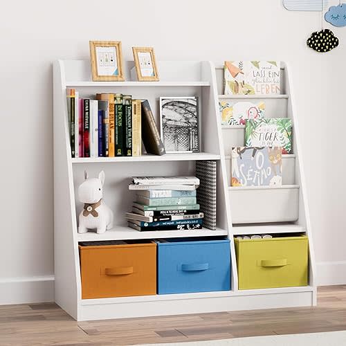 Kids Bookshelf Wood Montessori Toy Storage Organizer Cabinet Shelf Child Bookcase Toddler Baby Sling Book Rack 3 Cube Bin Fabric Drawers for Playroom Bedroom Nursery School