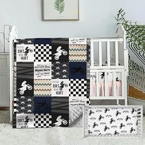Personalized Baby Bedding Set for Boys, Custom Baby Sets with Name, Motocross Dirt Bike Bedding Sets, 2 Piece Baby Sets, Neutral Motorcycle Baby Plaid Comforter, Fitted Sheet for Boys