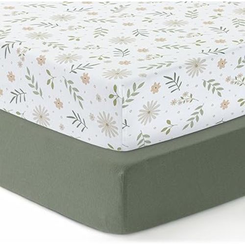 Mini Crib Sheets,100% Cotton Jersey Crib Sheets,Soft,2 Pack,Pack n Play Sheets,Floral Crib Sheets Girls,Boys,Pack and Play Sheets Fitted,24x38 Mini Crib Sheets | Green,Flowers