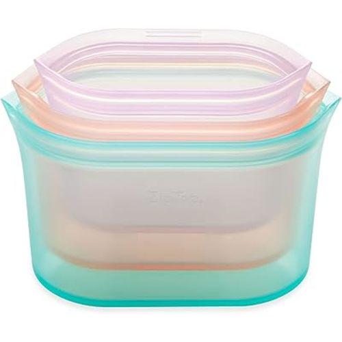Zip Top Reusable Food Storage Bags | 3 Dish Set [Teal/Peach/Lavender] - Small, Medium, Large | Silicone Meal Prep Container | Microwave, Dishwasher and Freezer Safe | Made in the USA