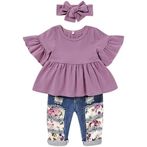 NZRVAWS Toddler Girl Clothes Infant Outfits Ruffle T shirt Ripped Jeans Clothing Little 6 12 18 Months 2 3 4 5 6 7T
