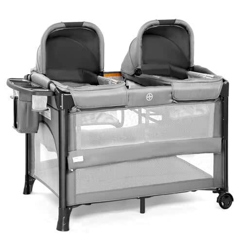 JOYMOR Twin Bassinet for Baby, Bedside Bassinet, Convertible to Bedside Sleeper and Playpen, with Wheel, Brake, Foldable Side Sleeper, Gray