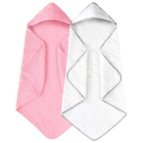 2 Pack Hooded Baby Towels - 100% Muslin Cotton for Newborns, Infants, Toddlers - Large 32x32Inch Size - Highly Absorbent and Essential for Care