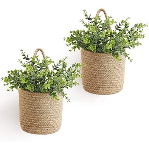 Dahey 2 Pack Wall Hanging Rope Basket with Artificial Eucalyptus Farmhouse Decor, Jute Woven Storage Organizer Flower Plants Basket Set Rustic Wall Decor for Porch Living Room Bedroom Entryway,Brown