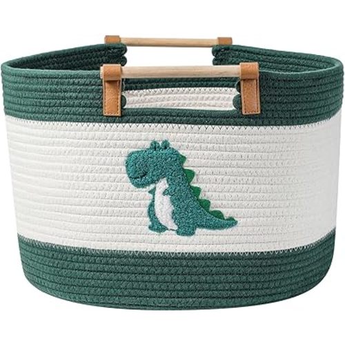 Large Blanket Basket 35L Cotton Rope Basket with Wooden Handles Woven Baskets for Kids Stuffed Animal Toys Storage for Nursery, Laundry Hamper Clothes Baby Hamper Boys Gift Basket Empty, (Dinosaur ）