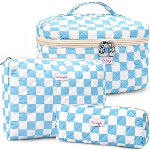 3 Pieces Makeup Bag Large Checkered Cosmetic Bag, Cotton Make Up Bag Travel Toiletry Bag for Mom Girlfriend Wife Women (Blue)
