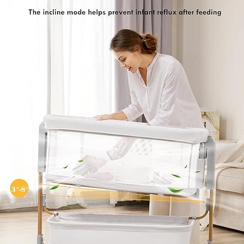 Baby Bassinet Bedside Sleeper, 3-in-1 Rocking Bassinet for Baby with 6-Level Height Adjustable, 4 Wheels & Breathable Mesh Walls, Portable Bedside Bassinet with Mattress for Newborn