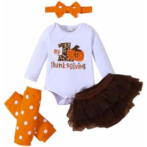 Newborn Baby Girl My 1st Thanksgiving Outfit Romper Top, Mesh Short Pants, Leg warmers with Headband Clothes Set