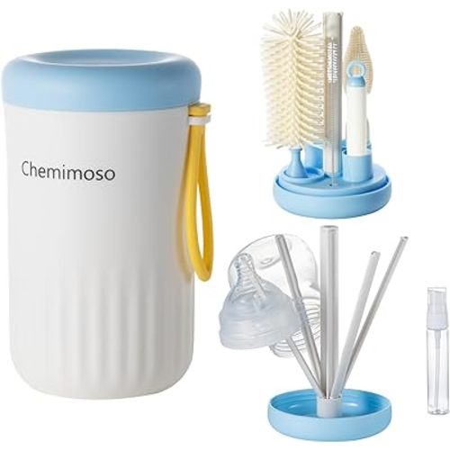 Travel Silicone Baby Bottle Cleaner Brush Set, Foldable Baby Bottle Drying Rack, Essential Cleaning Set for Outdoor Travel, Blue and White