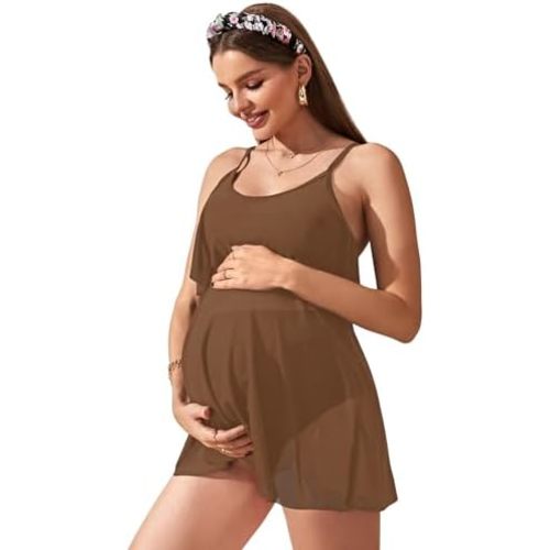 Verdusa Women's 2Piece Maternity Swimwear Dress Sheer Mesh Swim Dress with Bikini Bottom Maternity Bathing Suits