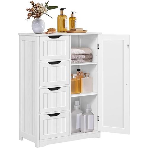 Yaheetech Wooden Floor Cabinet, Side Storage Organizer with 4 Drawers and 1 Cupboard, Freestanding Entryway Storage Unit Console Table, Bathroom Furniture Home Decor, White