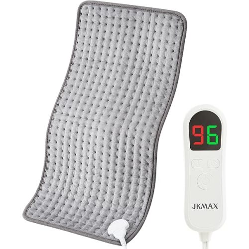 JKMAX Heating Pad for Back Pain Relief with Auto Shut-Off, 10 Heat Settings, Grey Pads Cramps LED Controller, Moist and Dry Therapy Neck, Shoulder, Machine-Washable, 12" x 24"