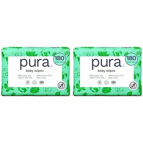 Pura Baby Wipes, 180 Count, Plastic-Free | Sensitive Skin | 99% Water | Fragrance Free | Plant Based