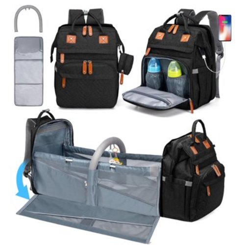 Kabaqoo Baby Diaper Bag Backpack with Changing Station & USB Charging Port, Multifunctional Newborn Baby Backpack Black