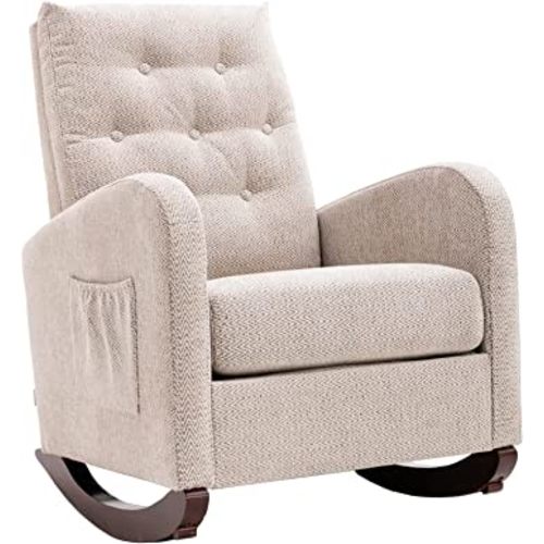 Dolonm Rocking Chair Mid-Century Modern Nursery Rocking Armchair Upholstered Tall Back Accent Glider Rocker for Living Room (Light Beige - Chenille)