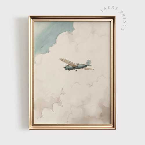 Vintage Airplane Nursery Art | Watercolor Plane Illustration | Cloudy Sky Printable Wall Art | Rustic Aviation Baby Boy Nursery Decor |#1176
