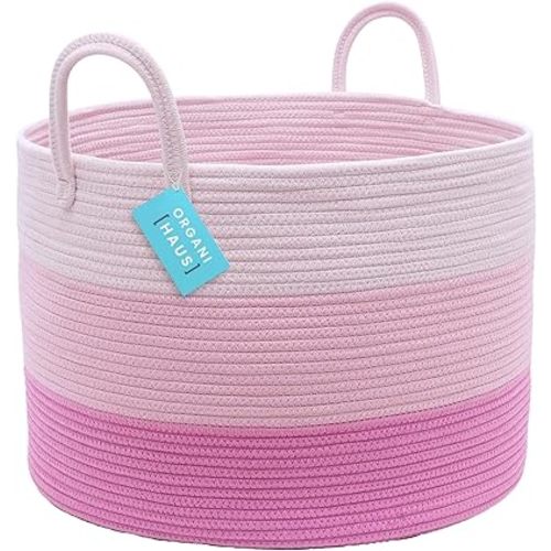 OrganiHaus Pink Baby Laundry Baskets for Organizing 20x13, Extra Large Basket for Blankets, Storage Basket for Living Room, Nursery Laundry Hamper, Cotton Rope Basket, Woven Laundry Basket
