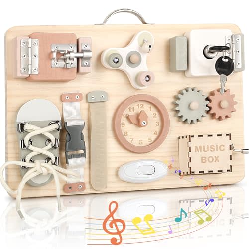 Joyreal Montessori Busy Board for Toddlers - Wooden Sensory Board Activity Board for Fine Motor Skills, Travel Baby Busy Board Sensory Toys for Kids