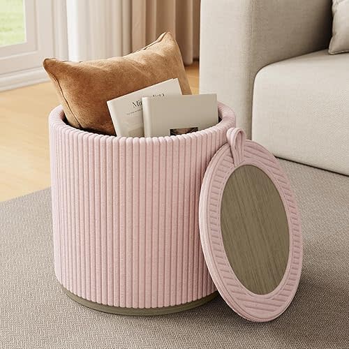 Round Ottoman with Storage, 18.1" Storage Ottoman Dorm with Removable Lid, Vanity Stool for Makeup, Coffee Table with Wood Base, Upholstered Footrest for Living Room & Bedroom (Pink)