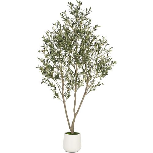 Olive Trees Artificial Indoor, 7FT Tall Faux Olive Tree with White Tall Planter, Artificial Plants with Natural Wood Trunk and Lifelike Fruits for Home Office Decor