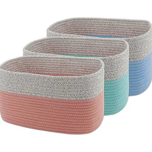 NUMONQ Cotton Baskets 3Pc Storage Set | Multi-Color ative Soft Basket Bins Organize Laundry Baby Toys Nursery with Handles, Pink/Blue/Green