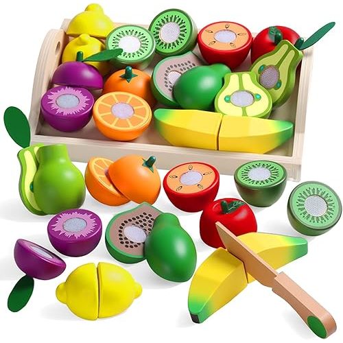 Fajiabao Wooden Play Food for Kids Kitchen Montessori Toys for 2 Year Old Girls & Boys Wood Cutting Fruit Set with Tray Fine Motor Skills Educational Toddler Gifts 2 3 4 5 6