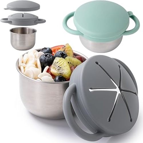 2 Pack Snack Containers for Toddlers, Stainless Steel Toddler Snack Cups with Silicone Food Catcher & Lids,Snack Cups for toddlers Spill Proof