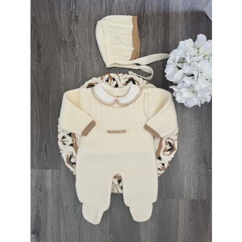 Cable Knit Suspenders Style With Ruffle Collar Baby Knitted Romper Ivory