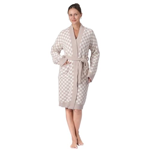 bearberry Cozy Robe Lightweight Soft Plush Robe Vertical Bar Hoodless Sleepwear Nightgown with Pockets for Women