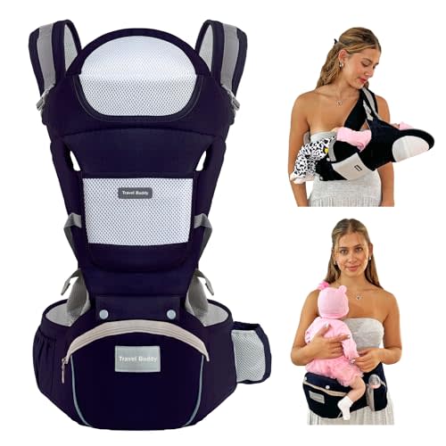 Baby Carrier with Hip Seat - Safety Certified Ergonomic M Position, Adjustable Waistband with Back Support, Detachable Hip Seat + Various Large Pockets