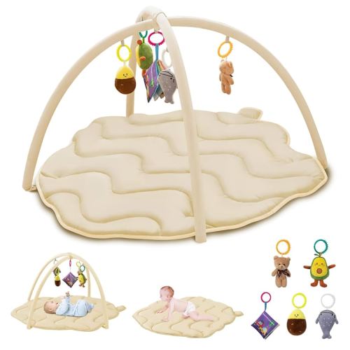 Baby Play Gym Mat, Tummy Time Mat with 5 Detachable Toys, Oversize Cute Pinecone Shape, Large Sensory Playmat for Floor, Newborn Infant Baby Essentials Shower Gift 0-3-6-9-12 Months, Beige
