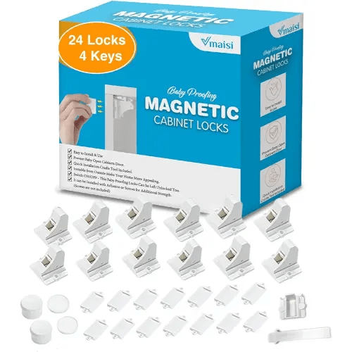 Vmaisi Adhesive Magnetic Locks for Cabinets & Drawers (24 Pack and 4 Keys + Cradle)