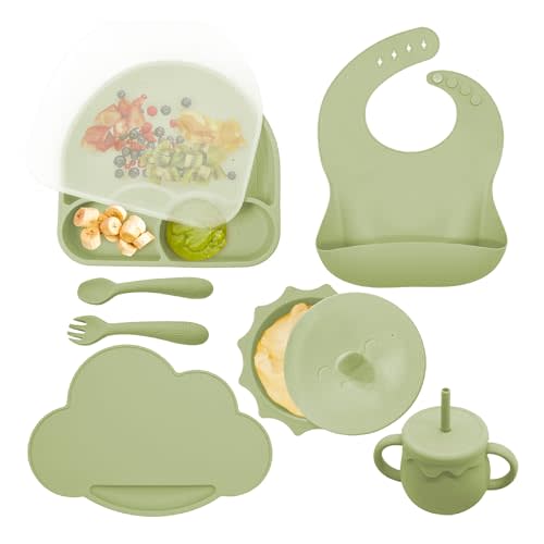 HUDSON & ELOISE Silicone Baby Led Weaning Supplies - Baby Feeding Set, Baby Eating Supplies Infant Toddler Feeding Set, Silicone Baby Bib, Baby Plate and Bowl Set with Suction Baby Cup (Olive)