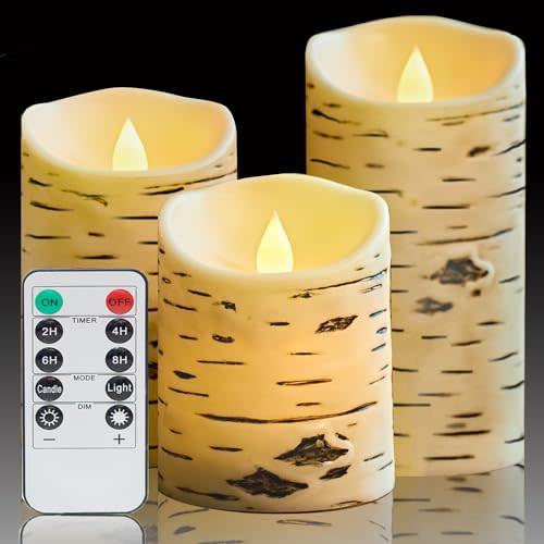 Comenzar Flameless Candles Birch Bark Candle LED Candles Birch Grain Candles(H: 456" x D: 3.25") Electric Candle Faux Candles with Remote Timer Pack 3