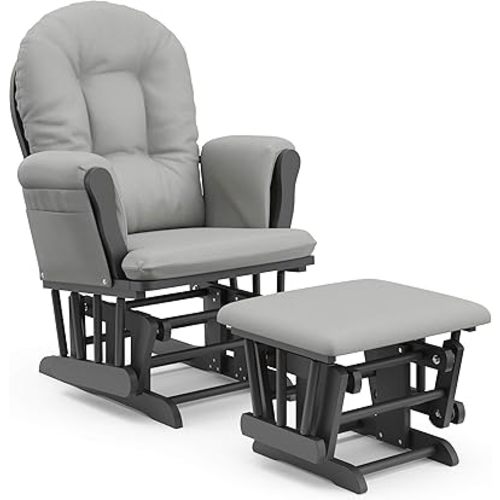 Storkcraft Premium Hoop Glider and Ottoman (Pebble Gray with Light Gray) – Padded Cushions with Storage Pocket, Smooth Rocking Motion, Easy to Assemble, Solid Hardwood Base
