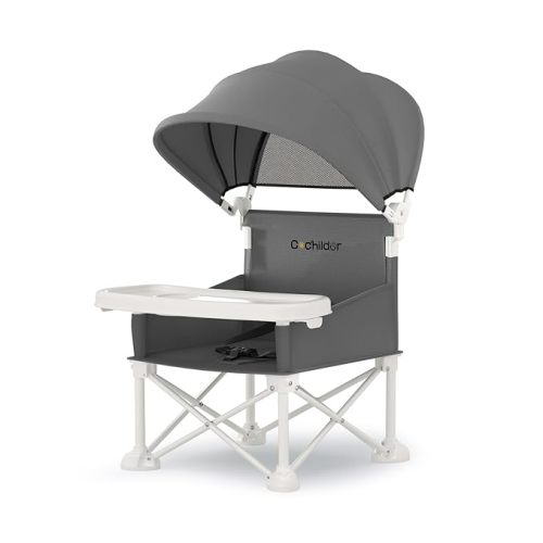 Cochildor 4-in-1 Portable Baby Chair, Foldable Toddler Booster Seat with Removable Tray, Canopy & Safety Harness, Gray
