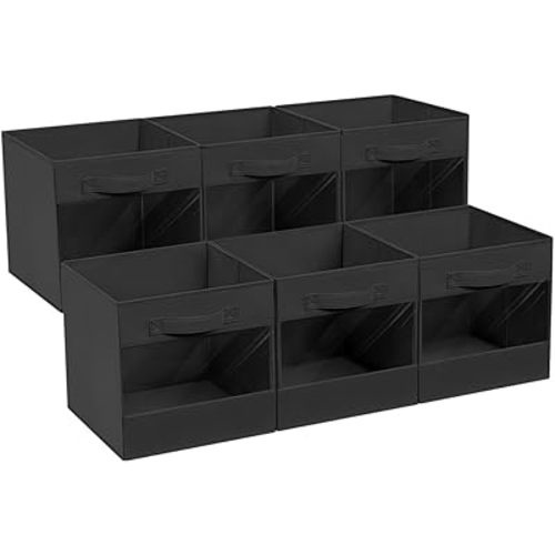DIMJ Closet Storage Bins, 6 Pack Foldable Baskets for Shelves, Storage Bins with Window & Handles, Cube Storage Organizer for Clothes, Toys, Books, Blanket (Black)