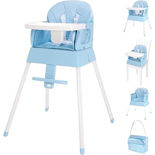 5 in 1 Foldable Baby High Chair,Convertible Highchair for Babies and Toddlers-Portable Infant Booster Seat,Carry Small Box,Dining Chair,Toddler High Chair with 5-Point Harness,Removable Tray-Blue