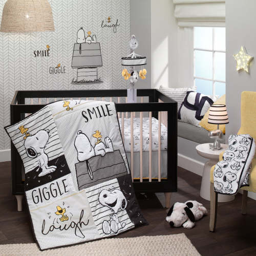 Classic Snoopy White/Black/Gray 3-Piece Baby Crib Bedding Set – Lambs & Ivy