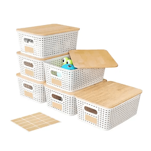 Small Storage Bins with Bamboo Lid, Plastic Storage Box with Lid, 5QT Stackable Organizing Basket with Lable, Storage Container for Classroom, Office, Closet, Shelf Organization, 10x7x4 In-White-6 Pcs