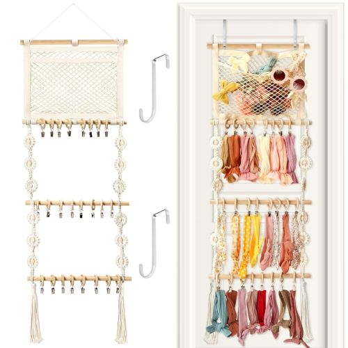 Dingion Headband Holder Hair Bows Organizer for Baby Girls Over Door Bows Holder 4 Tier Wooden Large Daisy Headband Hair Accessories Organizer Storage Decor Wall Hanging for Toddler Girls Room